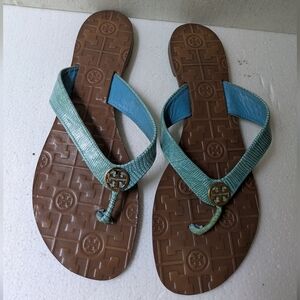 Tory Burch Blue and Brown Sandals with Medallion Embellishment